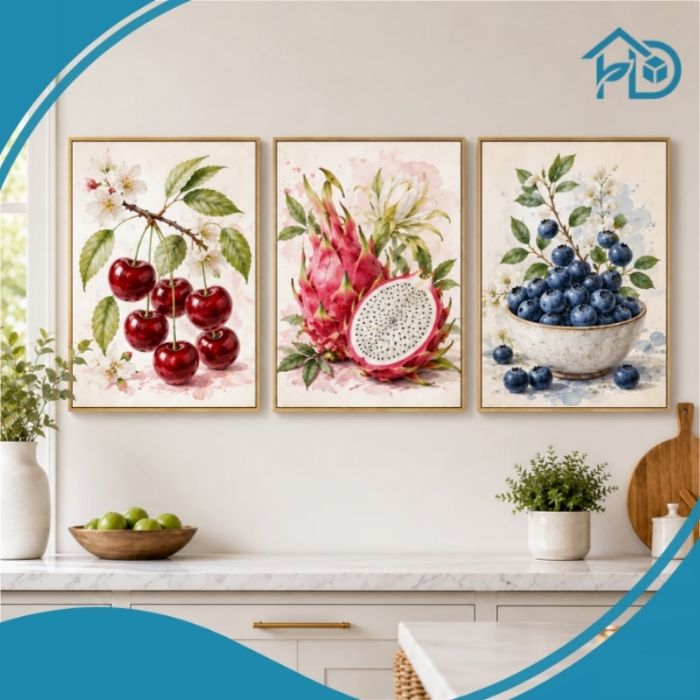 Bộ 3 tranh trái cây phòng bếp canvas gồm anh đào, thanh long và việt quất trang trí phòng bếp hiện đại