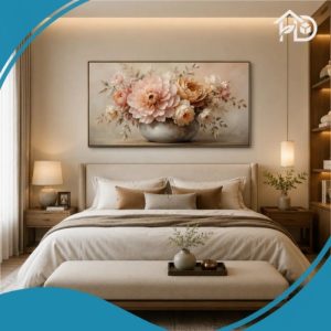 Tranh treo phòng ngủ hoa mẫu đơn canvas hiện đại kích thước 140x70cm tông màu kem sang trọng