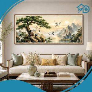Khám phá tranh treo tường phòng khách sơn thủy hạc tùng canvas cao cấp với thiết kế sang trọng, màu sắc hài hòa, phù hợp nhiều phong cách nội thất hiện đại.